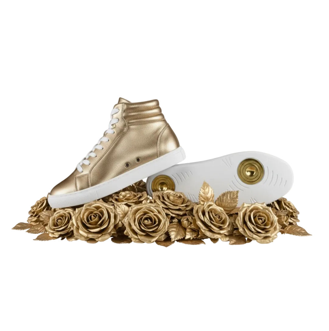 Sneaker GERO Noah Gold Vortex Wish Dance Shop con collo alto, ecopelle oro, suola bianca, design moderno e comfort vegano.