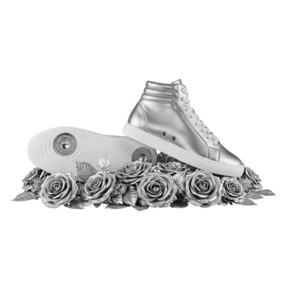 Sneaker GERO Noah Silver Vortex in ecopelle argento, collo alto, suola bianca in gomma e resina, design vegan e confortevole.