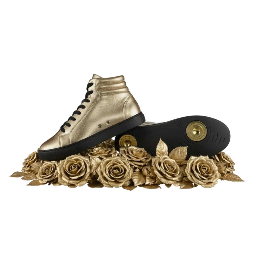Sneaker GERO Gold Black Vortex Wish Dance Shop, scarpa alta in ecopelle oro, suola nera in gomma e resina, design pivot.