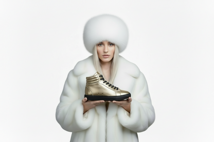 Sneaker GERO Gold Black Vortex Wish Dance Shop, scarpa alta ecopelle oro, suola nera gomma e resina, dettagli oro pivot.