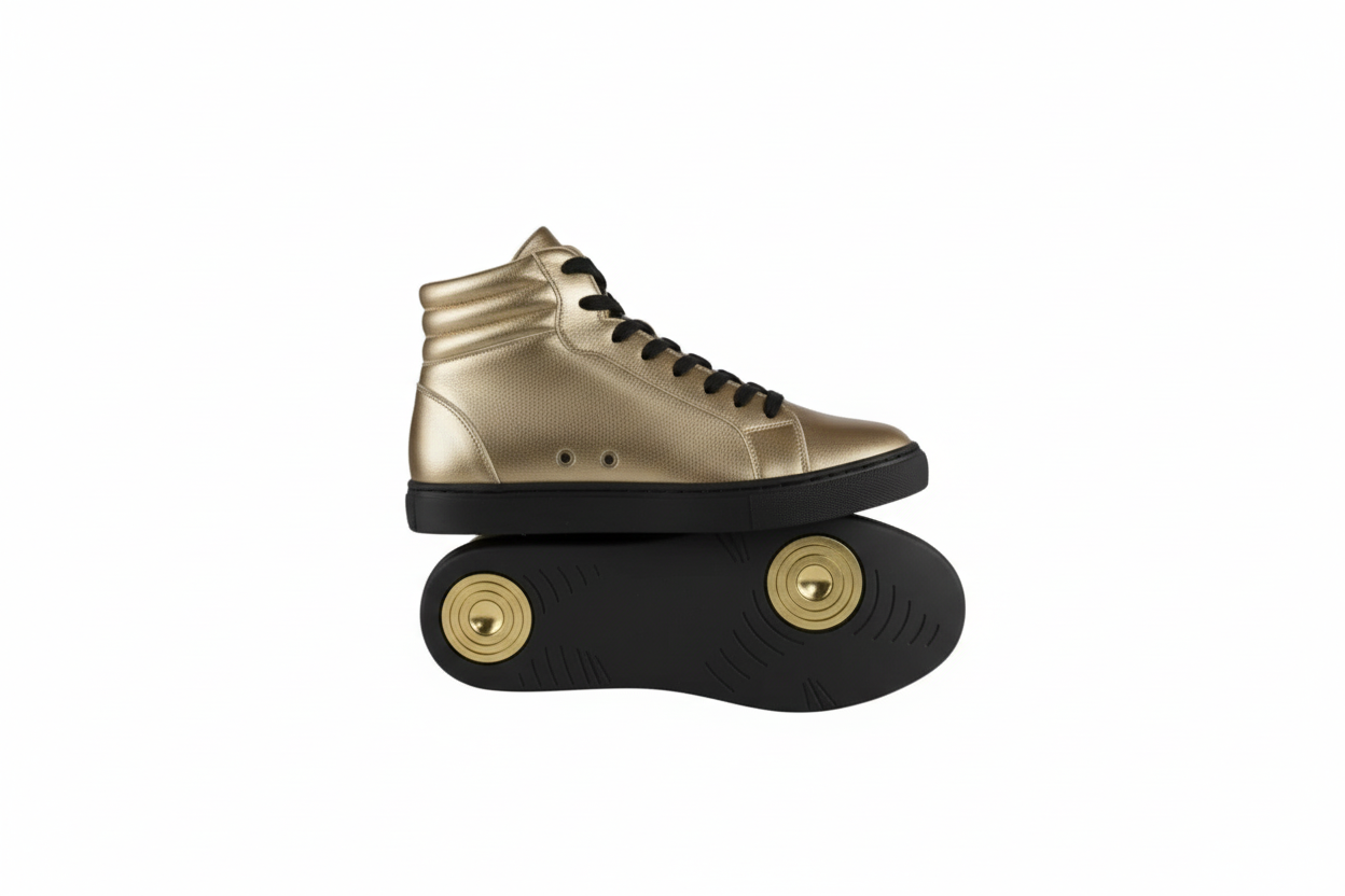 Sneaker GERO Gold Black Vortex Wish Dance Shop con collo alto, ecopelle oro, suola nera in gomma e resina, comfort e stile.