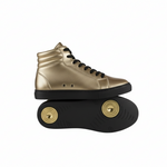 Carica immagine nella Galleria, Sneaker GERO Gold Black Vortex Wish Dance Shop con collo alto, ecopelle oro, suola nera in gomma e resina, comfort e stile.
