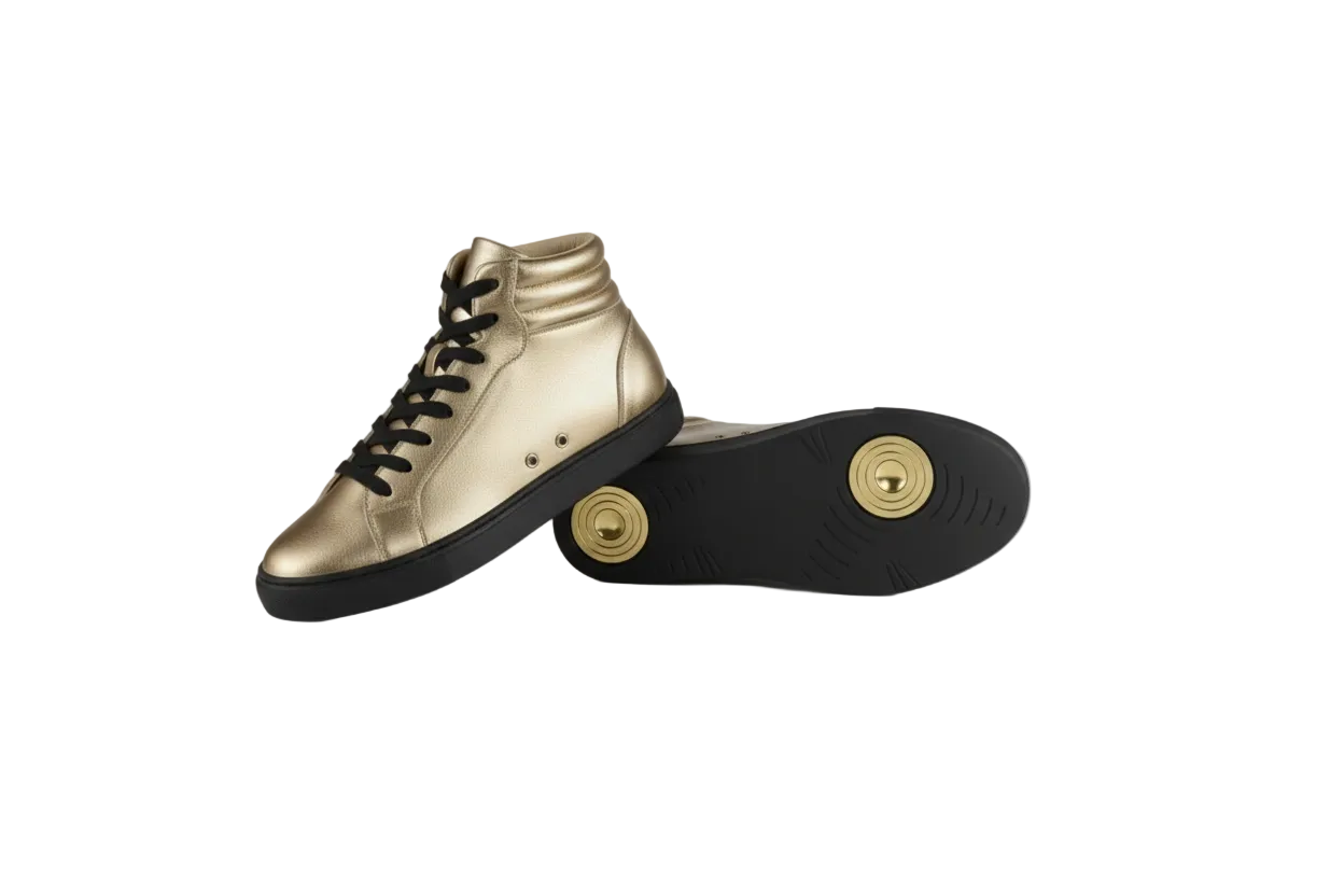 Sneaker GERO Gold Black Vortex Wish Dance con collo alto, ecopelle oro, suola nera, design pivot e comfort leggero.