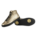 Carica immagine nella Galleria, Sneaker GERO Gold Black Vortex Wish Dance con collo alto, ecopelle oro, suola nera, design pivot e comfort leggero.
