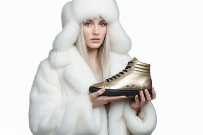 Sneaker GERO Gold Black Vortex Wish Dance Shop con collo alto, suola nera in gomma e resina, dettagli oro e materiali vegan.