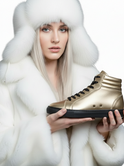 Carica immagine nella Galleria, GERO Gold Black Vortex (L0703FCE) - Sneaker Collo Alto Ecopelle Totale Oro materiale Vegan confort Light Flex Suola Nera in Gommina e Resina Tecnica Cerchi Oro Pivot