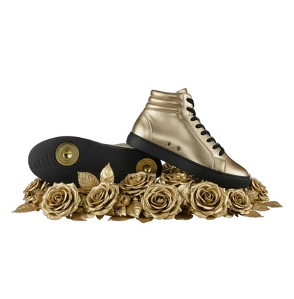 Sneaker GERO Gold Black Vortex Wish Dance Shop con collo alto, ecopelle oro, suola nera in gomma e resina, stile moderno e confortevole