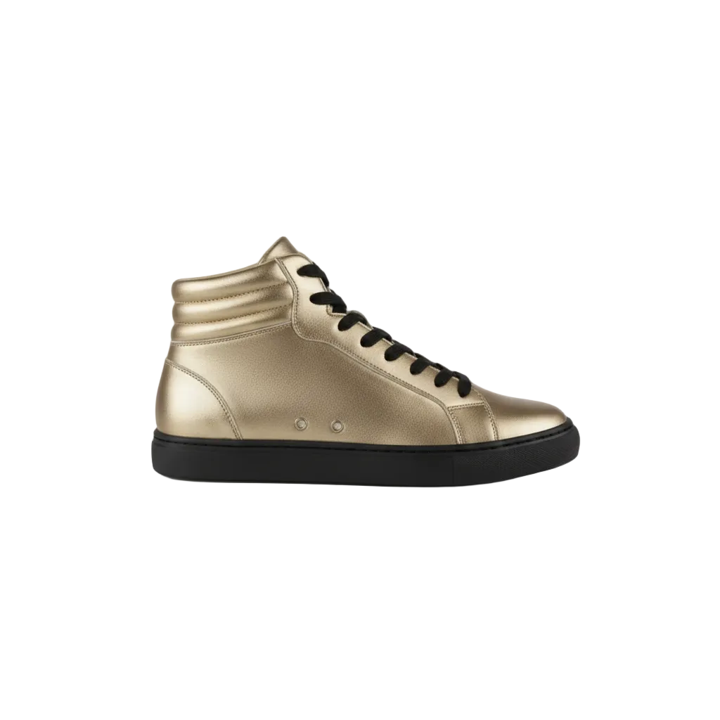 Sneaker GERO Gold Black Vortex Wish Dance Shop con collo alto, eco-pelle oro, suola in gomma nera e dettagli pivot in oro.
