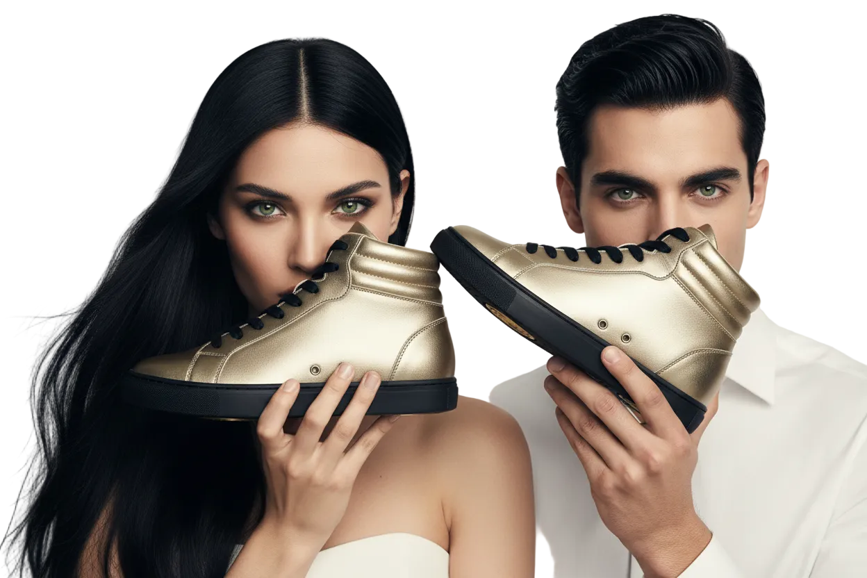 Sneaker GERO Gold Black Vortex Wish Dance con collo alto, ecopelle oro, suola nera in gomma e resina, comfort e stile.