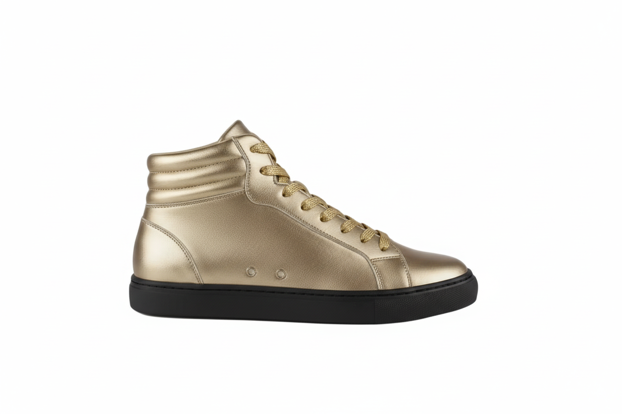 Sneaker GERO Gold Black Vortex Wish Dance Shop con collo alto, tomaia ecopelle oro, suola nera in gomma e dettagli oro pivot.