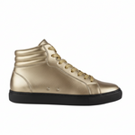 Carica immagine nella Galleria, Sneaker GERO Gold Black Vortex Wish Dance Shop con collo alto, tomaia ecopelle oro, suola nera in gomma e dettagli oro pivot.
