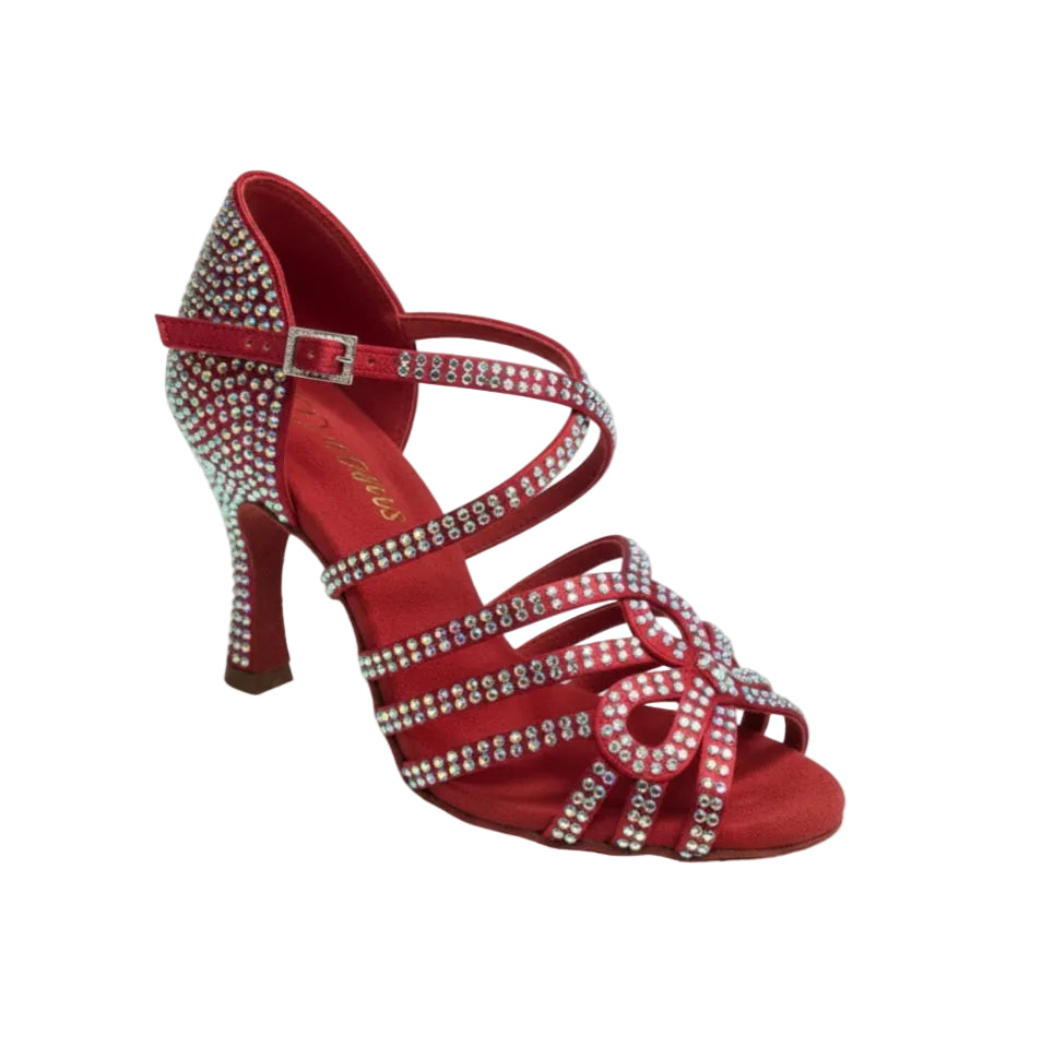 Scarpa da ballo donna NORA Dreams Gold Wish Dance Shop in raso oro con cinturino incrociato, strass e tacco a rocchetto.