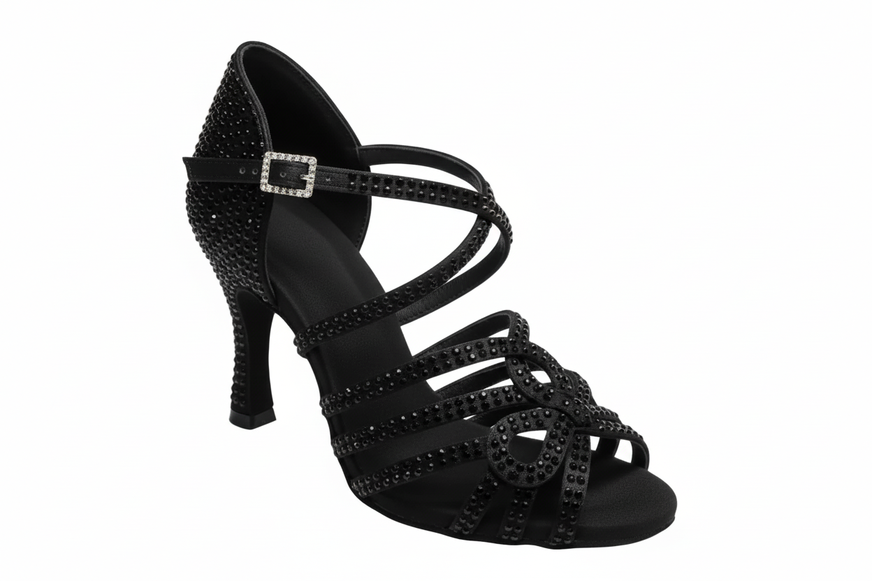 Scarpe da ballo donna NORA Dreams Gold Wish Dance Shop in raso oro con cinturino incrociato, strass e tacco a rocchetto