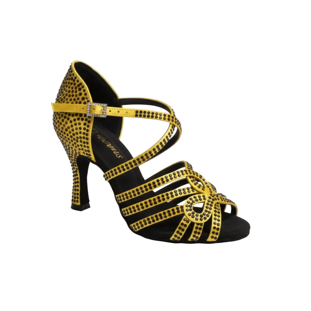 Scarpa da ballo donna NORA Dreams Gold in raso oro con cinturino incrociato, strass Boreali e tacco a rochetto.