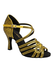 Load image into Gallery viewer, NORA Dreams Gold (L2576S) - Scarpa da Ballo da Donna in Raso Oro Flash cinturino incrociato alla Caviglia con Strass Boreali Tacco a Rocchetto