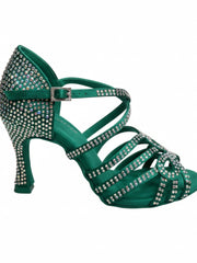 Carica immagine nella Galleria, NORA Dreams Green (L2576S) - Scarpa da Ballo da Donna in Raso Verde Smeraldo cinturino incrociato al Collopiede con Strass Boreali Tacco a Rocchetto