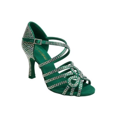 Scarpa da ballo donna NORA Dreams Green in raso verde smeraldo con cinturino incrociato, tacco a rocchetto e dettagli di strass.
