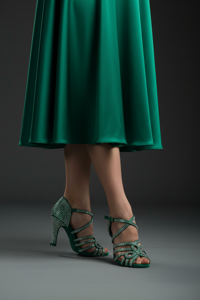 Scarpa da ballo donna NORA Dreams Green in raso verde smeraldo con cinturino incrociato, strass e tacco a rocchetto.