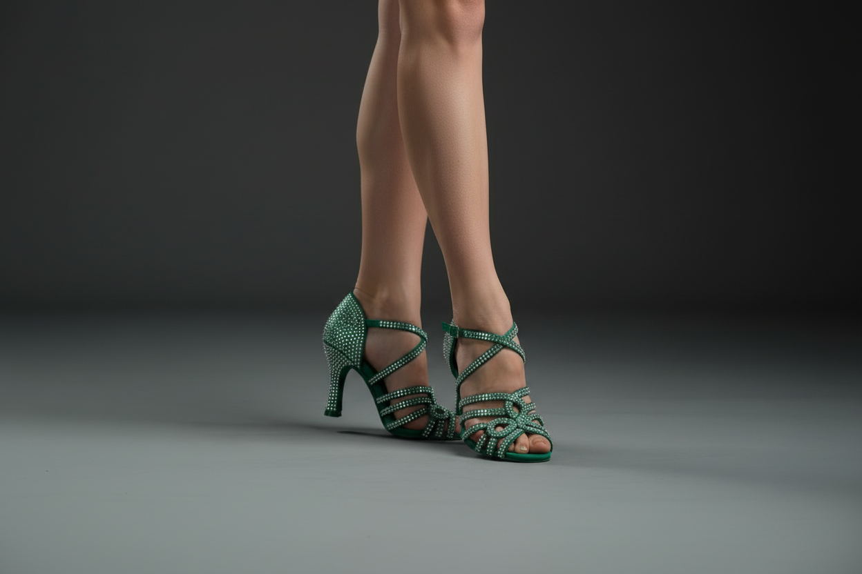 Scarpa da ballo donna NORA Dreams Green Wish Dance Shop in raso verde smeraldo con cinturino incrociato, tacco a rocchetto e dettagli di strass