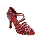 Carica immagine nella Galleria, NORA Dreams Red (L2576S) - Scarpa da Ballo da Donna in Raso Rosso cinturino incrociato al Collopiede con Strass Boreali Tacco a Rocchetto
