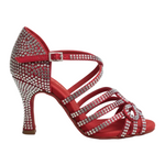 Carica immagine nella Galleria, NORA Dreams Red (L2576S) - Scarpa da Ballo da Donna in Raso Rosso cinturino incrociato al Collopiede con Strass Boreali Tacco a Rocchetto

