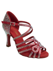 Carica immagine nella Galleria, NORA Dreams Red (L2576S) - Scarpa da Ballo da Donna in Raso Rosso cinturino incrociato al Collopiede con Strass Boreali Tacco a Rocchetto