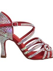 Carica immagine nella Galleria, NORA Dreams Red (L2576S) - Scarpa da Ballo da Donna in Raso Rosso cinturino incrociato al Collopiede con Strass Boreali Tacco a Rocchetto