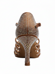 Carica immagine nella Galleria, NORA Dreams Bronzo (L2576S) - Scarpa da Ballo da Donna in Raso Bronzo Tan cinturino incrociato al Collopiede con Strass Boreali Tacco a Rocchetto