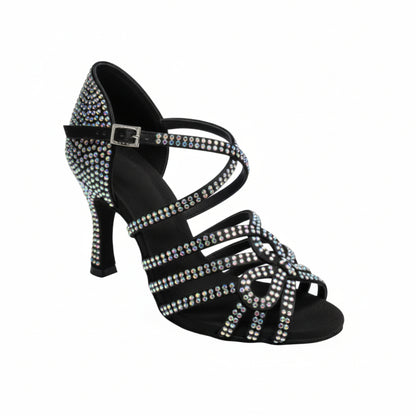 Scarpa da ballo da donna NORA Dreams Black in raso nero con cinturino incrociato, tacco a rocchetto e applicazioni di strass.