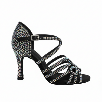 Scarpa da ballo da donna NORA Dreams Black in raso nero con cinturino incrociato, strass e tacco a rocchetto.