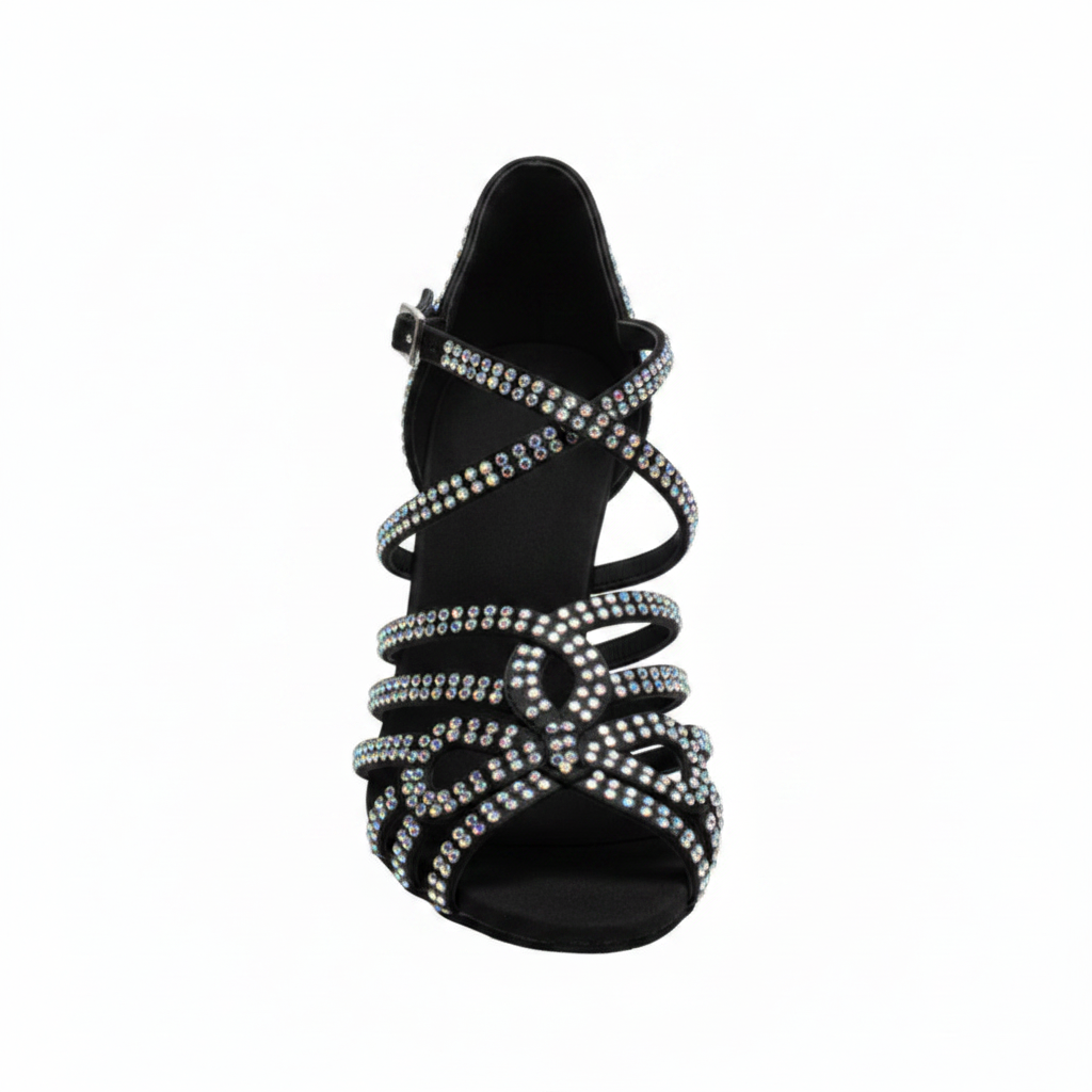NORA Dreams Black (L2576S) - Scarpa da Ballo da Donna in Raso Nero cinturino incrociato al Collopiede con Strass Boreali Tacco a Rocchetto