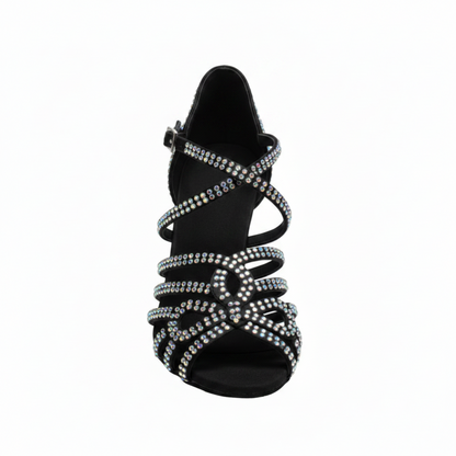 NORA Dreams Black (L2576S) - Scarpa da Ballo da Donna in Raso Nero cinturino incrociato al Collopiede con Strass Boreali Tacco a Rocchetto
