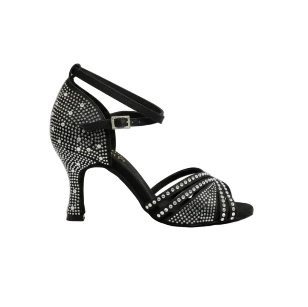Scarpa da ballo donna LULY Dreams Black in raso nero con cinturino incrociato, strass boreali e tacco a rocchetto.