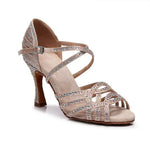 Carica immagine nella Galleria, CAROLIN QC (Marea L14) - Scarpa Da Donna Linea Bi-Flex in Raso Seta Carne Con Swarovski Boreali e Tacco a Rocchetto/Slim Latino Alto
