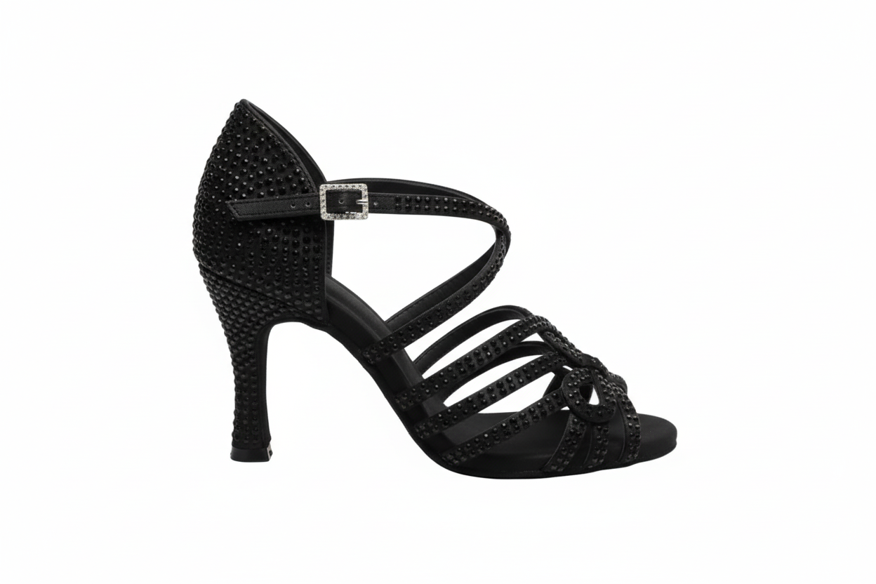 Scarpa da ballo donna Wish Dance Shop NORA Dreams Total Black in raso nero con cinturino incrociato, strass e tacco a rocchetto