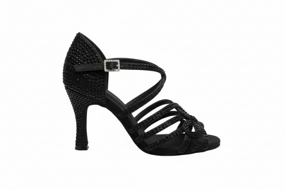 Scarpa da ballo donna Wish Dance Shop NORA Dreams Total Black in raso nero con cinturino incrociato, strass e tacco a rocchetto