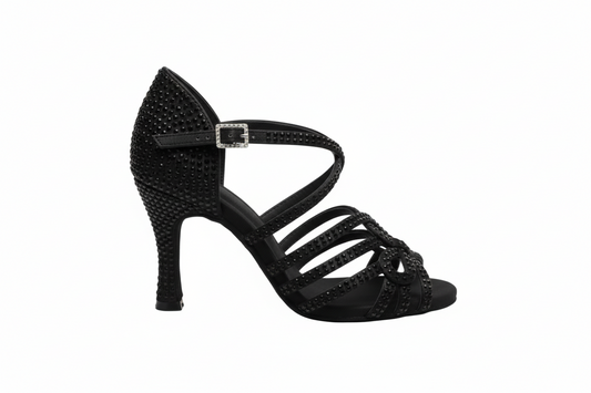 Scarpa da ballo donna Wish Dance Shop NORA Dreams Total Black in raso nero con cinturino incrociato, strass e tacco a rocchetto
