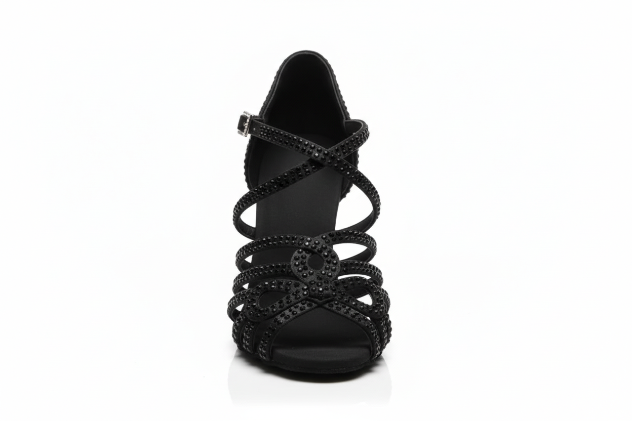 Scarpa da ballo donna Wish Dance Shop NORA Dreams Total Black in raso nero con cinturino incrociato, tacco a rocchetto e strass neri