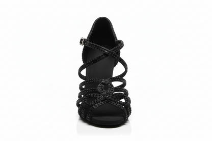 Scarpa da ballo donna Wish Dance Shop NORA Dreams Total Black in raso nero con cinturino incrociato, tacco a rocchetto e strass neri