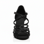 Carica immagine nella Galleria, NORA Dreams Total Black (L2576S) - Scarpa da Ballo da Donna in Raso Nero cinturino incrociato al Collopiede con Strass Neri Tacco a Rocchetto
