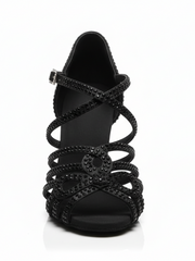 Carica immagine nella Galleria, NORA Dreams Total Black (L2576S) - Scarpa da Ballo da Donna in Raso Nero cinturino incrociato al Collopiede con Strass Neri Tacco a Rocchetto