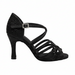 Carica immagine nella Galleria, NORA Dreams Total Black (L2576S) - Scarpa da Ballo da Donna in Raso Nero cinturino incrociato al Collopiede con Strass Neri Tacco a Rocchetto
