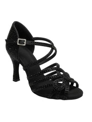 Carica immagine nella Galleria, NORA Dreams Total Black (L2576S) - Scarpa da Ballo da Donna in Raso Nero cinturino incrociato al Collopiede con Strass Neri Tacco a Rocchetto
