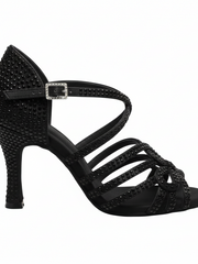 Carica immagine nella Galleria, NORA Dreams Total Black (L2576S) - Scarpa da Ballo da Donna in Raso Nero cinturino incrociato al Collopiede con Strass Neri Tacco a Rocchetto