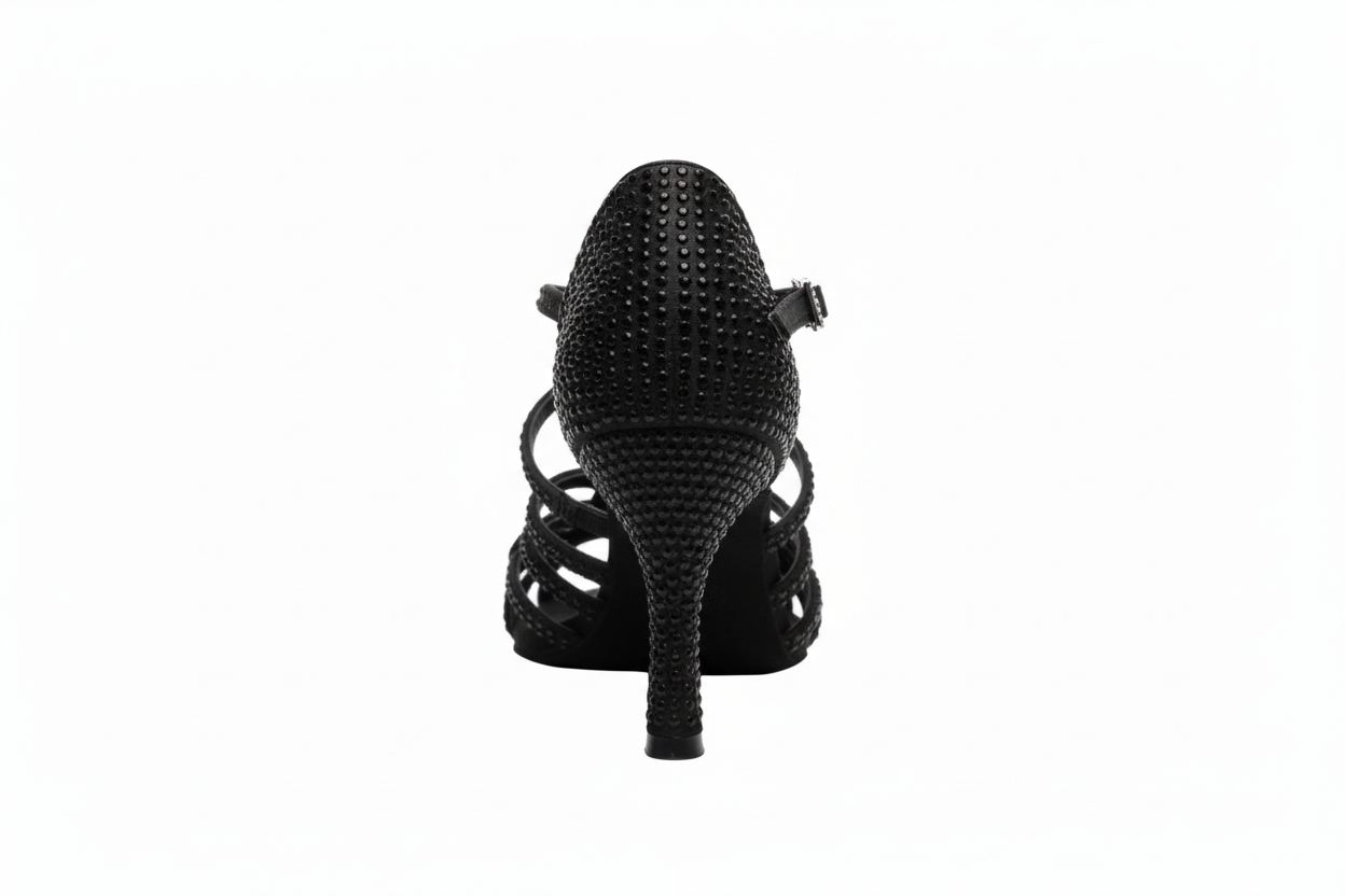 Scarpe da ballo donna Wish Dance Shop NORA Dreams Total Black in raso nero con cinturino incrociato, tacco a rocchetto e strass neri