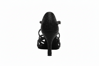 Scarpe da ballo donna Wish Dance Shop NORA Dreams Total Black in raso nero con cinturino incrociato, tacco a rocchetto e strass neri