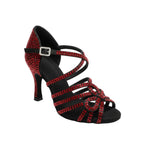 Carica immagine nella Galleria, NORA Dreams Black Red (L2576S) - Scarpa da Ballo da Donna in Raso Nero cinturino incrociato al Collopiede con Strass Rosso Rubino Tacco a Rocchetto
