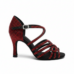Carica immagine nella Galleria, NORA Dreams Black Red (L2576S) - Scarpa da Ballo da Donna in Raso Nero cinturino incrociato al Collopiede con Strass Rosso Rubino Tacco a Rocchetto

