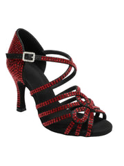 Carica immagine nella Galleria, NORA Dreams Black Red (L2576S) - Scarpa da Ballo da Donna in Raso Nero cinturino incrociato al Collopiede con Strass Rosso Rubino Tacco a Rocchetto