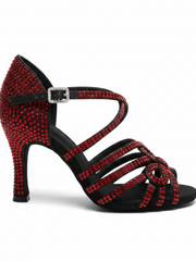 Carica immagine nella Galleria, NORA Dreams Black Red (L2576S) - Scarpa da Ballo da Donna in Raso Nero cinturino incrociato al Collopiede con Strass Rosso Rubino Tacco a Rocchetto